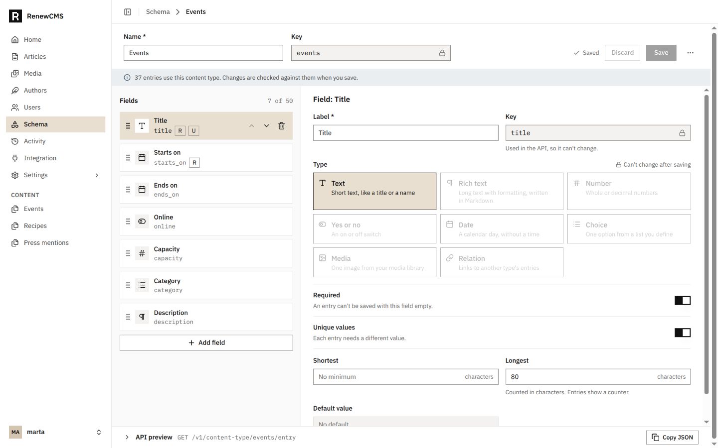 The RenewCMS Events schema editor showing a seven-field content type and a notice that schema changes are checked against existing entries.