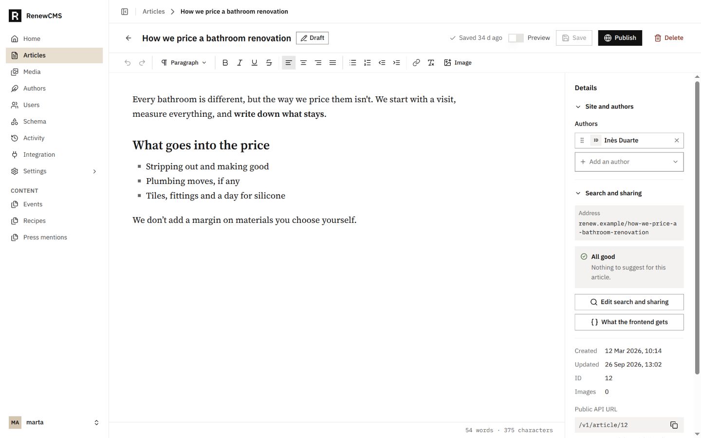 The RenewCMS article editor showing a draft article, formatting toolbar, author and site details, search and sharing previews, and SEO feedback.